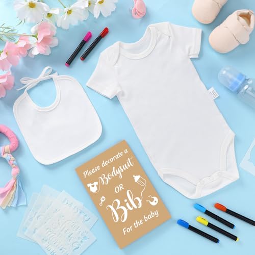 Chuarry 43 Pcs DIY Baby Bibs Decorating Kit 8 Bodysuits 8 Pcs 2 Ply White Bibs 10 Fabric Markers 16 Stencils Baby Shower Sign4