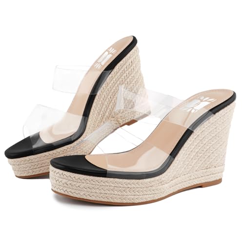 Image of VARECOLA Women Slip On Espadrille Platform Wedge Sandals Slide Open Toe Clear High Heel Sandals
