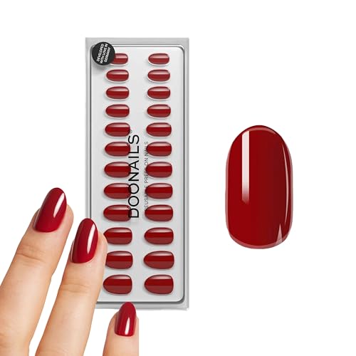 DOONAILS Soft Gel Press On Nails - 30 Pcs Kit with Stickers in 15 Sizes Red Medium Round Reusable Glue On Fake Nails Handmade & Salon-Quality Finish Vegan & Cruelty-Free Uas Postizas
