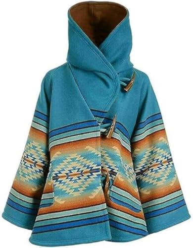 Kelly Reilly Vintage Horn Wool Blend Beth Dutton Blue Hooded Jacket Poncho Coat (XL)