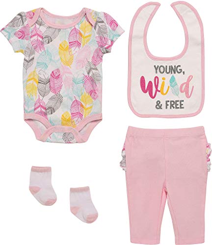 Mini B. by Baby Starters 4-Piece Layette Set with a Lap Shoulder Bodysuit, Pull-on Pants with Rumba Ruffles, 2 ply Cloth Bib and Coordinating Pair of Socks (Pink, Young, Wild & Free, 6-9M)
