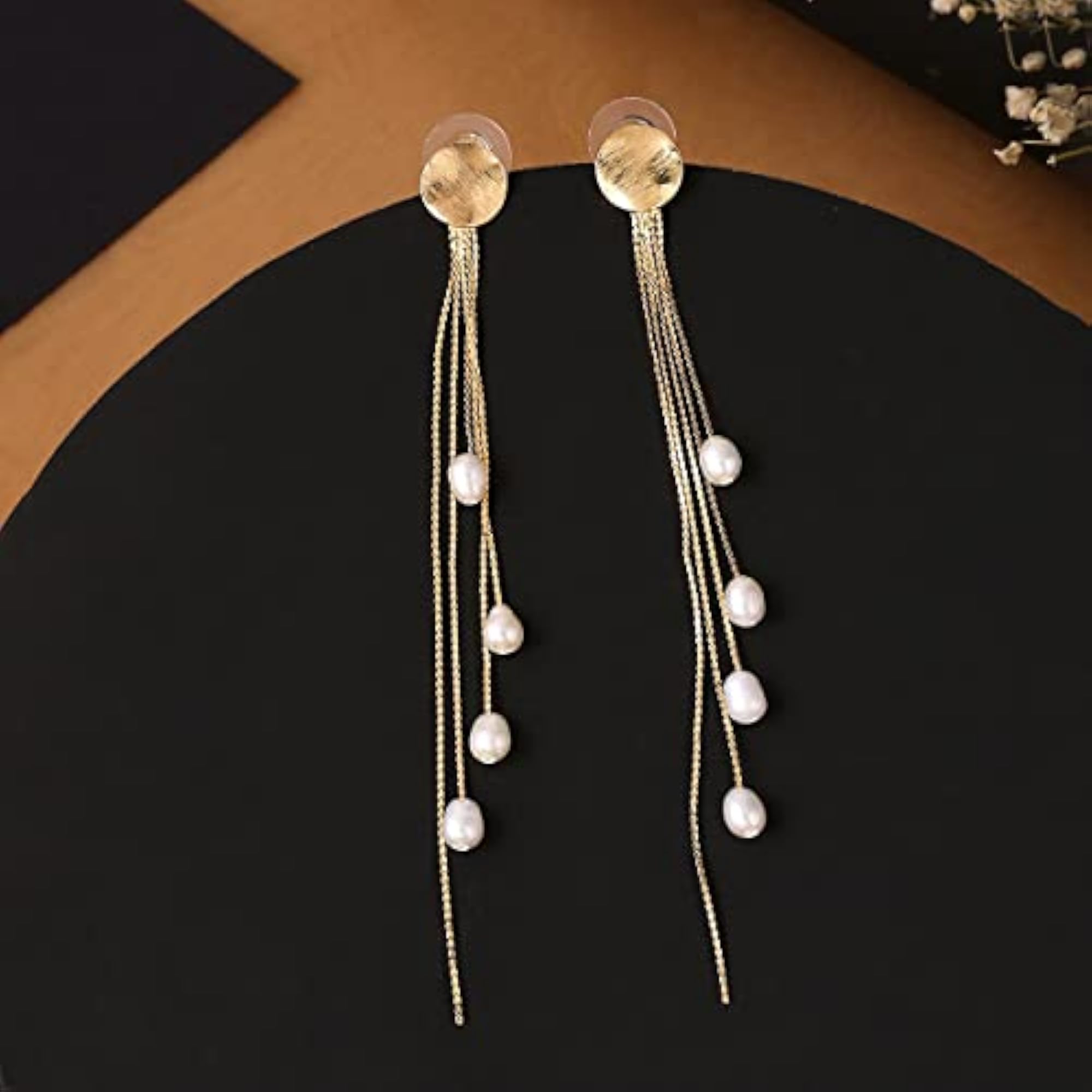Clip On Stud Earrings with Long Tassel Chain Pearl Drop