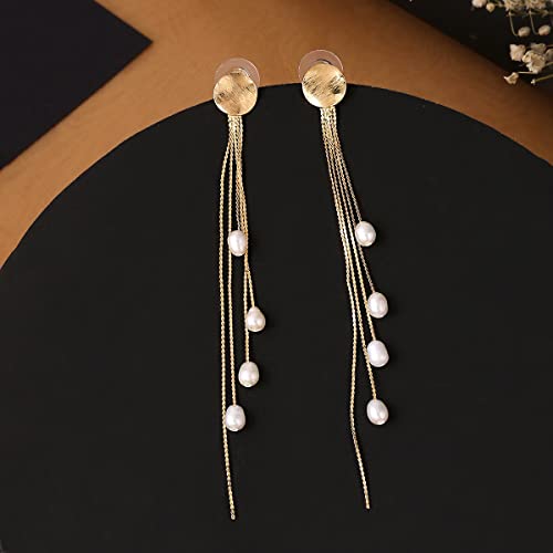 Clip On Stud Earrings with Long Tassel Chain Pearl Drop