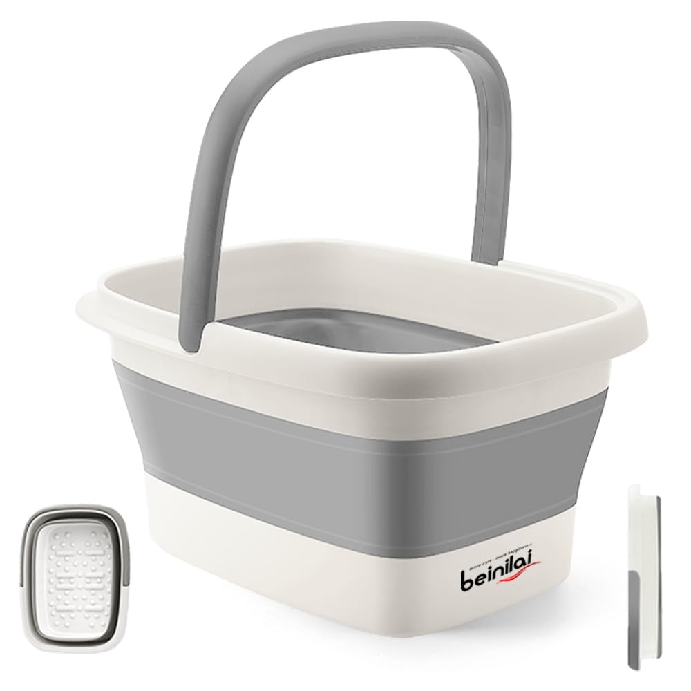 Collapsible Foot Bath Basin for Soaking, Plastic Soak Tub With Handles and Massage Acupoint, Foldable Laundry Basket - Grey