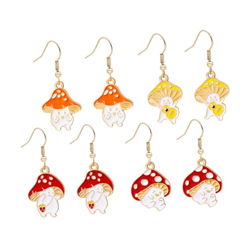 Frcolor 4組 カートゥーンキノコピアス かわいいぶら下がりイヤリング レディース ティーン向け 軽量アレルギー 合製 ファッションジュエリ