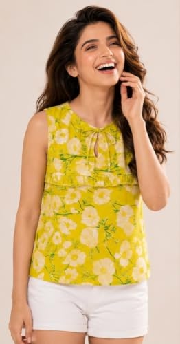 Image of Rayon Floral Printed Sleeveless Top for Women | Round Neck Tie-Up Detail Top | Casual Summer Wear Tunic | Regular Fit Kurti for Women