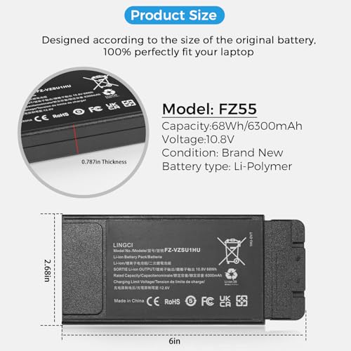 Image of FZ-55 Battery, FZ-VZSU1HU Battery Replacement for Panasonic Toughbook 55 FZ-55 Mk1 FZ-VZSU1 10.8V 68Wh 6300mAh Li-Polymer (Not Suitable for CF-54)