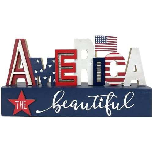 4th of July Decorations Patriotic Decor American Flag Decorations Farmhouse Memorial Day Decoration Wooden Fourth of July Table Block Independence Day Signs for Home Office Tiered Tray Shelf Mantel 250th Anniversary