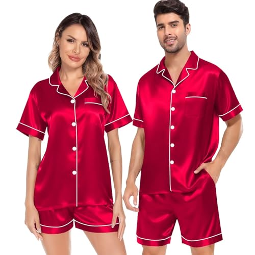 Image of SWOMOG Satin Matching Pajamas Sets Couple Silk Button Down Nightwear Women & Men Short Sleeve Sleepwear 2 Pieces Loungewear