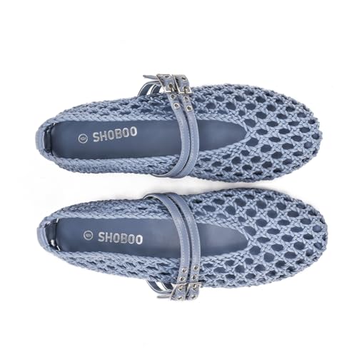 Image of Women's Woven Mary Jane Flats - Mesh Ballet Flats with Adjustable Double Metal Buckle Strap and Round Toe