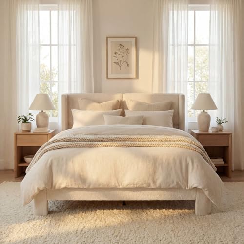 Image of LIKIMIO Queen Bed Frame with USB Ports & Wingback Headboard, Cream White | Boucle Upholstered Platform Bed, Sturdy Slat Frame, No Box Spring Needed, Fits Living Room and Apartment.