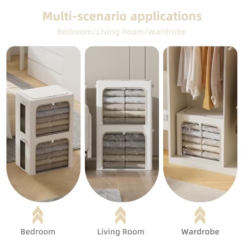 Image of FHSQX 2 Pack Clear Window Storage Bins - Large Stackable Linen Fabric Storage for Clothes Foldable Container Organizer Set with Carrying Handles (Lvory White, 16.5x 12.2x 12.2Inch)