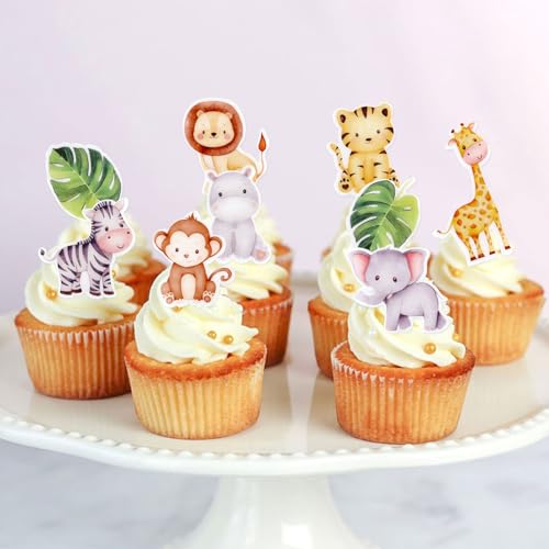 Blumomon 40 Stück Essbar Tier Cupcake Topper Tier Geburtstags Kuchen Deckel Dekorationen für Kindergeburtstags Party Dekoration Dschungel Safari Thema Party Zubehör
