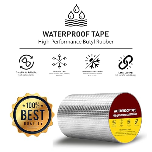 Image of Aluminium Butyl Waterproof Tape | Heavy Duty Leak Repair Sealing Tape | Self-Adhesive Roof, Pipe & Wall Crack Repair | Weatherproof & Heat Resistant (8 Inch (20CM*5M)
