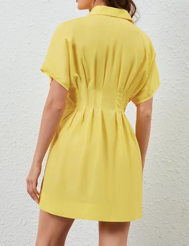 Image of Women Summer Short Sleeve Button Front Pleated Shirt Dress Striped Collar V Neck Casual Y2k Swing Short Mini Dress
