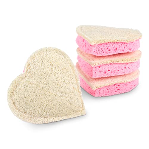 4 Pack Luffalu Pro Sponge Loofah And Cellulose Fusion - Shower Cleaning And Exfoliating 2 Sided Coarse And Soft Spongy All-Natural Disposable Body Scrub By Fushay (Pink Hearts) #TOP1