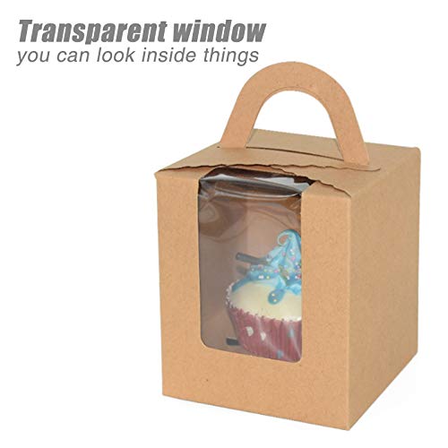 25 Pcs Paper Cupcakes Boxes,Portable Single Individual Cupcake Gift Boxes With Window Inserts Handle For Wedding Candy Boxes (Kraft) #TOP3