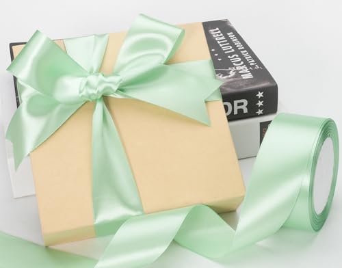 Image of ATRBB 25 Yards 1-1 /2 inch Mint Green Satin Ribbon for Gift Wrapping | Wedding, Bows, Colorfast Polyester Fabric Thick Ribbon for Bouquets Party Decor Crafts Handmade Flower DIY