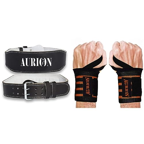 Image of Aurion premium Super Comfort and Durable Weight Lifting Belt (Large, Black, Pack of 1) & AURION Durable Premium Weight Lifting Training Wrist Braces - 1 Pair (Black x Orange, 19 inch)
