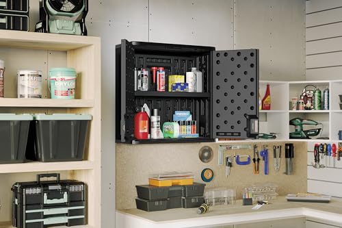 Image of Suncast Wall Storage Cabinet for Garage Organization - 4 Cu. Ft. Wall Mounted Garage Cabinet with Shelf for Garden Supplies, Paint Cans & Outdoor Tools, Multi-Wall Resin Construction, Black