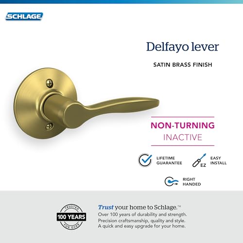 Image of Schlage F170 DEL 608 RH Right Handed Delfayo Door Lever with Standard Trim, One-Sided Non-Turning Dummy Handle, Satin Brass