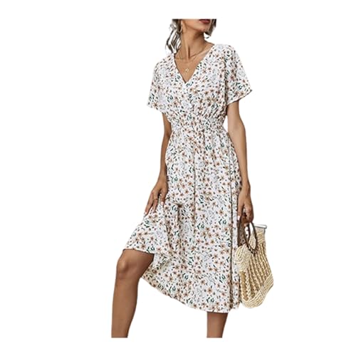 AiBaiLe 2024 New Women's V Neck Floral Long Dress,Summer Casual Loose 3/4 Sleeve Dresses,Fashion Flowy Beach Waist Dress (White, XL)