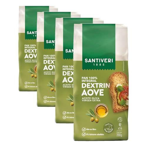 SANTIVERI – Dextrin AOVE – Pan Tostado 100% Integral con Aceite de Oliva Virgen Extra, Alto en Fibra, Sin Azúcares Añadidos, Vegano – 300 g (Paquete de 4)