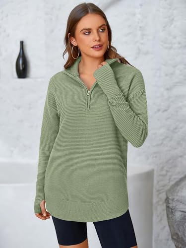 Image of PRETTYGARDEN Womens Long Sleeve Quarter Zip Pullover Sweater | Casual Loose V Neck Sweaters with Thumb Hole, Collared Ribbed Knit Jumper Tops, Oversized Tunic Tops, Fall Outfits 2026