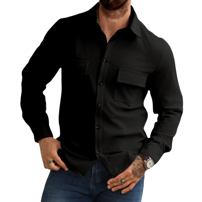 Image of COMBRAIDED Corduroy Men's Full Sleeve Casual Striped Shirt - Comfort Fit, Ideal Stylish and Versatile Clothing