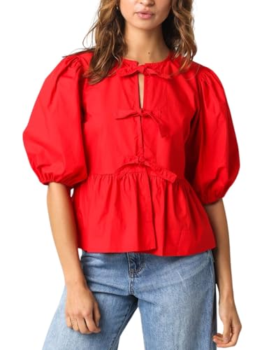 Womens Puff Sleeve Tie Front Blouse Tie Front Half Sleeve Top