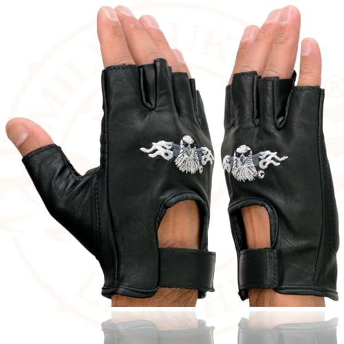 Image of Milwaukee Leather SH198 Men's Black Flame Embroidered Fingerless Gloves with Gel Palm | Padded Comfort; Vibration Relief; Flame Embroidery