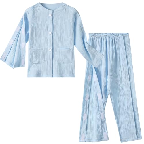 AUSTYLCO Children Bedridden Patient Clothing Cotton Magic Stick Full Opening Post-operative Set Suitable for Bedridden and Mobility-impaired Blue
