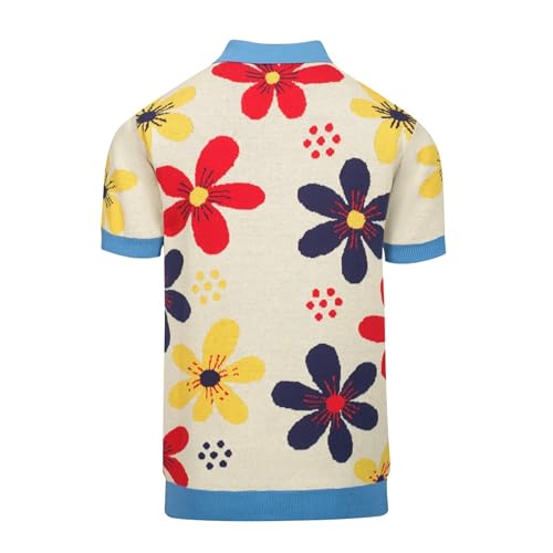 Men's Knit Polo Shirt, Retro Colorful Florals Pattern Cardigan Polo Button Down Short Sleeve Shirt, Bei Blue2