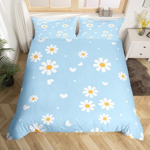 Girls Daisy Bedding Set,Yellow White Blue Duvet Cover for Teens,Kids Daisy Flowers Comforter Cover Decorative Room,Children Spring Floral Quilt Cover with 2 Pillowcases,Full Size(No Comforter)