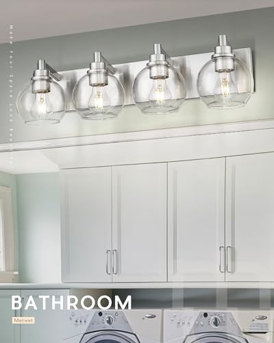 Image of Bathroom Light Fixtures, 4 Light Brushed Nickel Vanity Light, 26 Inch Modern Wall Sconces with Globe Clear Glass Shade, Vanity Lighting Fixtures Over Mirror, VL195-BN-CL-4