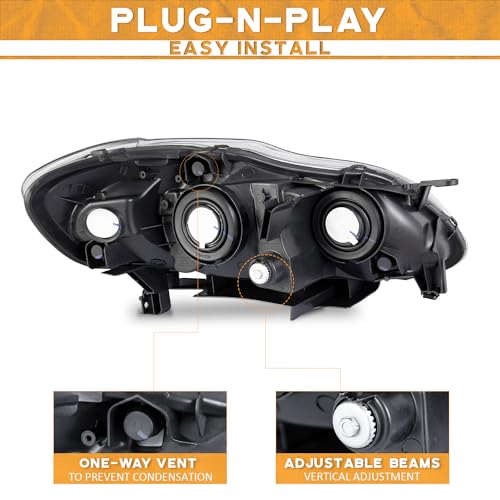 Image of WEELMOTO Headlights for 2003-2008 Toyota Corolla Halogen Headlamp Assembly | Clear Lens Black Housing Amber Reflector, Left+Right Side, Plug-and-Play, Halogen Headlamps, OEM: 81150-02360, 81110-02370