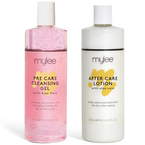 Mylee Kit de cuidado pre y después (2 x 500 ml) Loción limpiadora para la piel y crema hidratante calmante para la piel después de la depilación, enriquecida con aloe vera