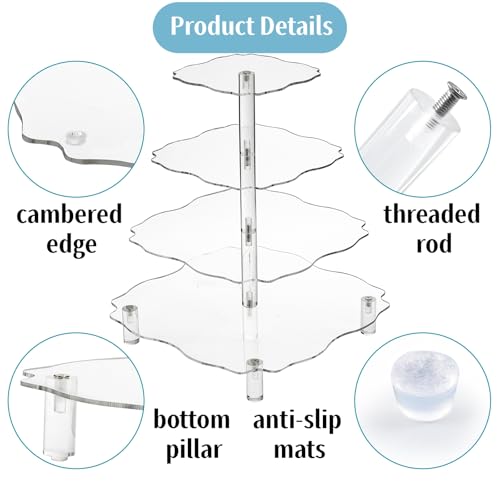 Image of Goaste 4 Tier Acrylic Cupcake Tower Stand, 12 Inch Square Tower Cupcake Display Holder, Clear Dessert Pastry Tower with Rod Feet for 52 Cupcakes, Display for Wedding, Birthday Party, Baby Shower