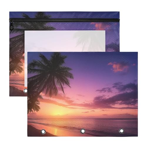 ATTX Pacote com 2 bolsas para fichário de palmeiras do pôr do sol do oceano - Bolsa impermeável com zíper com 3 anéis com janela transparente, acessórios de material de escritório para estojos de