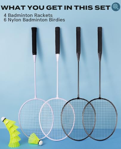 Image of AboveGenius Badminton Rackets Set of 4 for Outdoor Backyard Games, Including 4 Rackets, 6 Nylon Badminton Shuttlecocks, Lightweight Badminton Racquets for Beginners