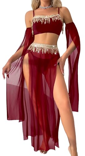 Ausing Bauchtanz Kostüm Outfit für Frauen Sexy Bauchtänzerin Rollenspiel Mesh Kleid Dessous Set Exotisches Festival Tanz Kostüme