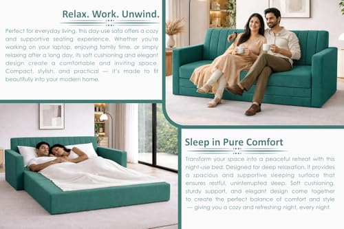 Image of Rosebell 3 Seater Foldable Sofa-Cums-Bed | Three-in-1 Convertible Couch with Armrest | Modern Fabric Sofa for Living Room, Bedroom & Office-Green