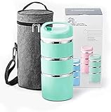 Lille Home Stackable Stainless Steel Thermal Compartment Lunch Box | 3-Tier Insulated Bento Box/Food Container with Insulated Lunch Bag & Foldable Stainless Steel Spoon
