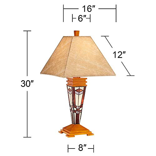 Robert Louis Tiffany Mission Rustic Nightlight Table Lamp With Table Top Dimmer 30" Tall Wood Finish Art Glass Faux Leather Square Shade For Living Room Bedroom House Bedside Nightstand Home Office #TOP3