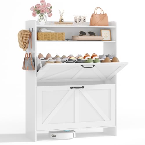 Kotascoy Mueble Zapatero,Zapatero Blanco con 2 Cajones abatibles y 1 Compartimento,Estantes Regulables,para 16-20 Pares,Organizador de Zapatos para el salón, el Pasillo o la Entrada Estilo rústico