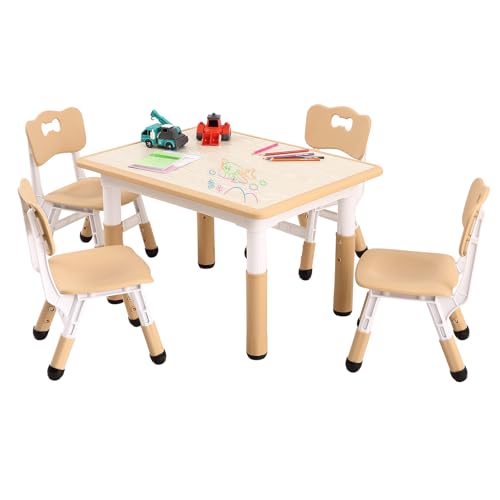 Kids Table and Chairs Set, Height Adjustable Desk With 4 Seats for Ages 2-10,Arts & Crafts Table,Graffiti Desktop, Non-Slip Legs, Max 300lbs, Children Multi-Activity Table for Classrooms,Daycares,Home