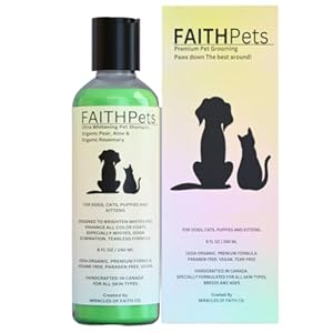 FaithPets USDA Organic Ultra Whitening Pet Shampoo for Dogs & Cats – Designed To Brighten Whites And Enhance All Color Coats Especially Whites – Organic Pear, Organic Aloe Vera & Organic Rosemary 8oz