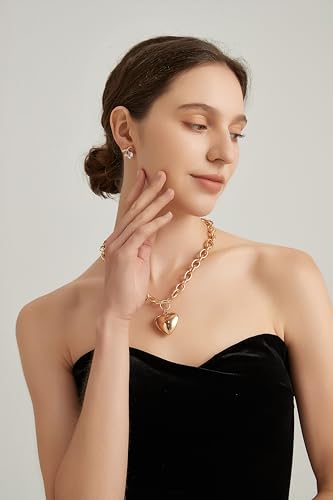 Large Chunky Gold Necklace with Heart Pendant for Women, Paperclip Choker Chain Puffy Heart Pendant Toggle Clasp Necklaces Thick Chain Jewelry Birthday2