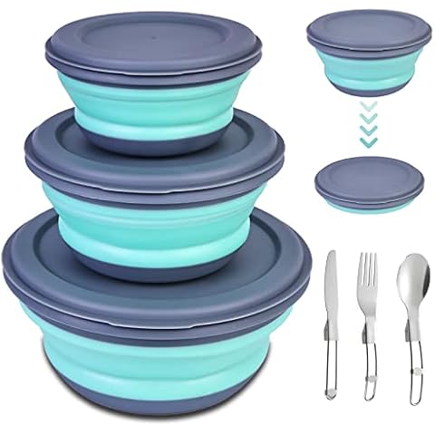 Delamiya Faltschüssel mit Deckel, 3Pcs Camping Faltbare Schüssel mit Besteckset aus Edelstahl, 300/650/900ml Silikon Salatschüssel Cover