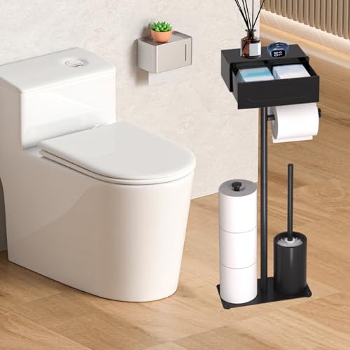 Yallmie Toilet Roll Holder Free Standing, Toilet Roll Stand With Shelf Toilet Paper Holder Stand, Toilet Paper Stand Holds 4 Rolls Loo Roll Holder, Black Toilet Roll Storage For Bathroom Storage